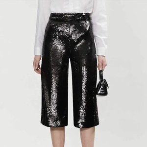 NEW Maje Black Sequin Wide Leg Culotte Pants, Size 40